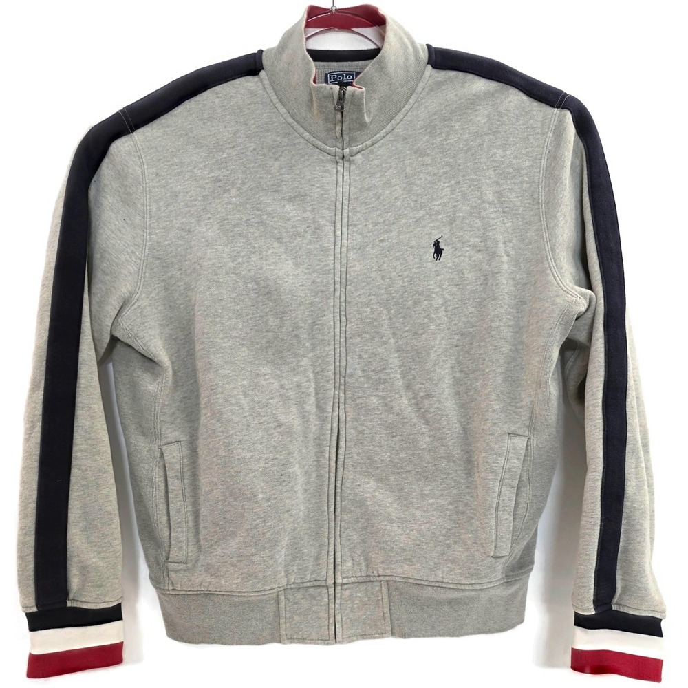 Polo Ralph Lauren Jacket Mens‎ XL Gray Full Zip Track Sweatshirt Stripe Sleeve